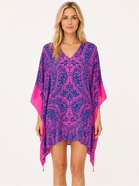Lilly Pulitzer Lindamarie Silk Caftan Dress in Hot Pink/Navy Size L/XL (12-16)